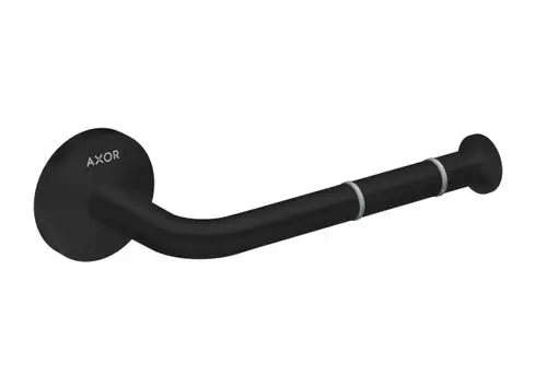 Schwarzer Toilettenpapierhalter von AXOR, mit rundem Wandbefestigungselement und einem gebogenen Haltearm.